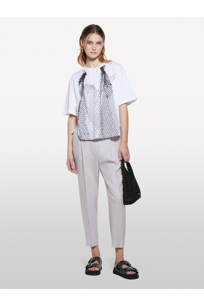 Sisley Women's Gray 100% Linen Elastic Waist Pleated Front Trousers