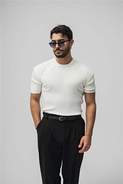 OUTFİT MAN Erkek Likralı Loose Fit Ribbed T-Shirt Beyaz