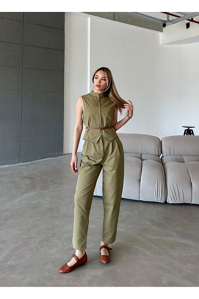 Femistik Women's Zippered Belted Vest Pants Set