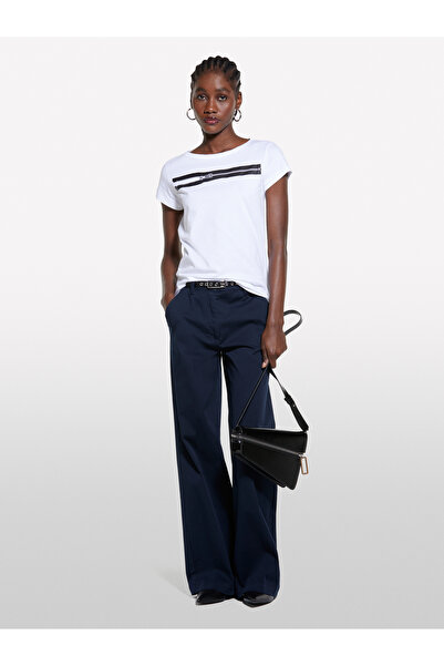 Sisley Women's White Mix 100% Cotton Printed Crew Neck Regular Fit T-Shirt