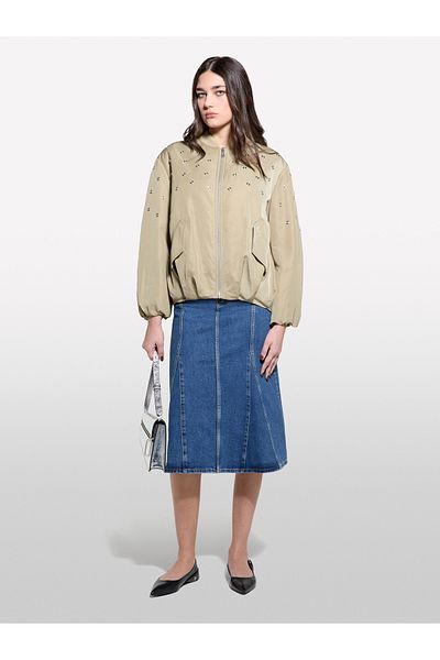 Sisley Women's Sand Color Stone Detailed Lightly Padded Bomber Jacket