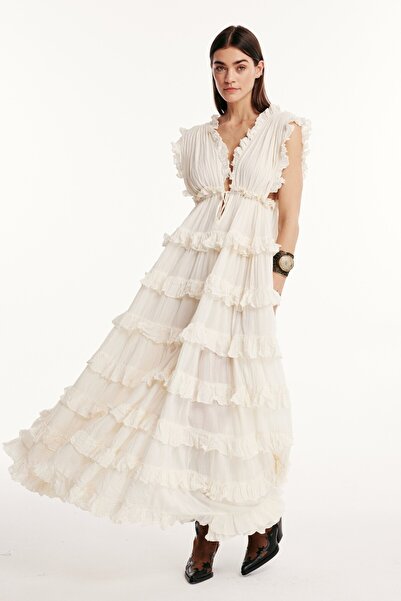 mirandalya Geniş Yaka Fırfır Detaylı Uzun Bohem % Pamuk Krem Elbise
