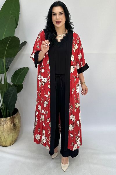 GÖKSEL 3-Piece Linen Kaftan Suit Burgundy Large Size