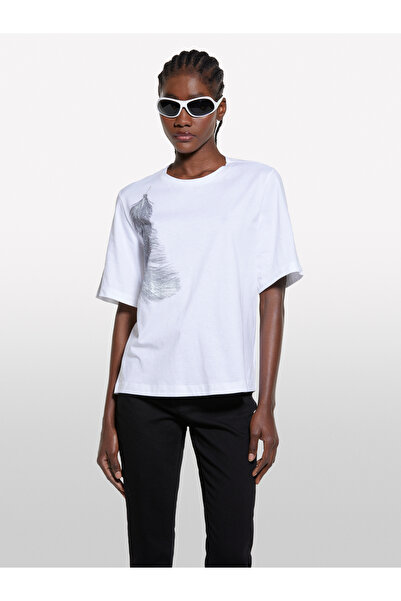 Sisley Women's White Mix 100% Cotton Printed Crew Neck Regular Fit T-Shirt