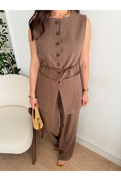 My Blog Brown Double Pocket 100% Cotton Vest Trousers Set - 8602