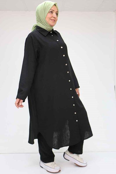 Eslina 57020 Large Size Buttoned Linen Trouser Suit - Black