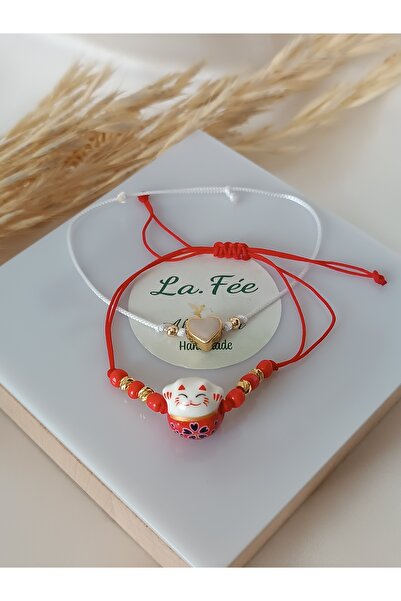 La fee aksesuar 2 Li Şans Kedisi Kırmızı Ip Bileklik Arkadaşlık Bilekliği Kalpli Bileklik Set