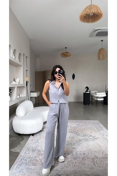 Buket Teke Gray Silver Accessory Trousers Blouse Set