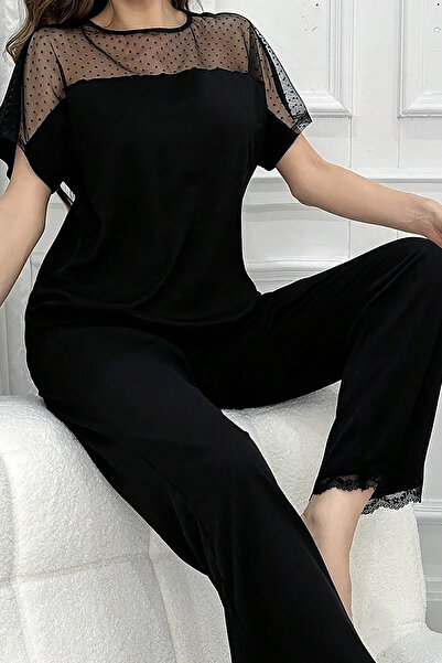 Rasabeauty Nies Pijama Takımı Kadın Kısa Kollu Tül Detaylı Siyah