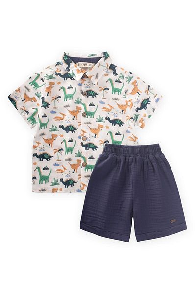 Cigit Patterned Shirt Set 1-6 Years Ecru