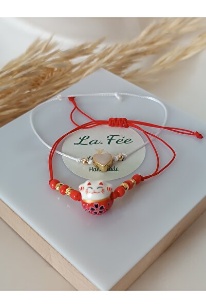 La fee aksesuar 2 Li Şans Kedisi Kırmızı Ip Bileklik Arkadaşlık Bilekliği Kalpli Bileklik Set