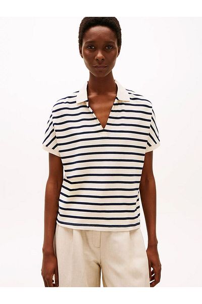 Tommy Hilfiger Women's V-Neck Short Sleeve Cotton Standard Size Beige-Navy Blue Polo Neck T-Shirt Ww0Ww44512-0Fc
