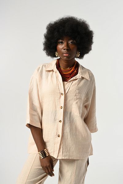 Orfeo Negro Women's 100% Linen Three Quarter Sleeve Solid Color Single Pocket Shirt