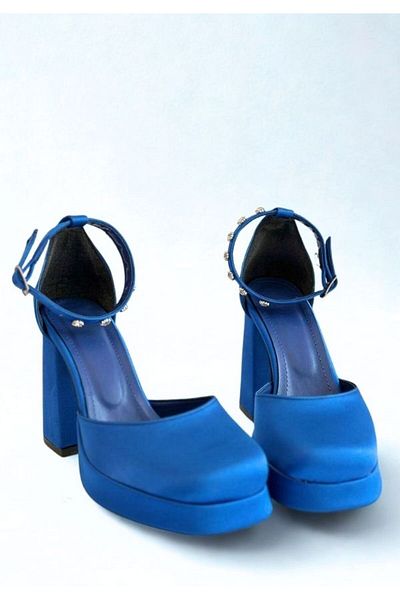 Favi Ayakkabı Saks Blue Satin Ankle Stone Detailed Closed Toe Platform Heeled Evening Dress Shoes