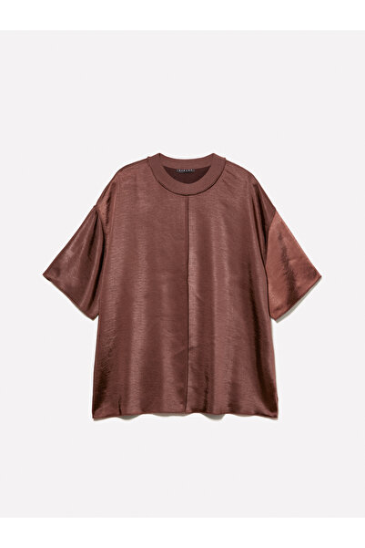 Sisley Γυναικείο μπλουζάκι από σατέν με ριμπάνα σε σκούρο καφέ χρώμα