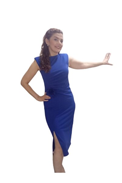 ZY BUTİK Saks Blue Padded Sleeveless Simple and Stylish Pencil Dress with Sli...