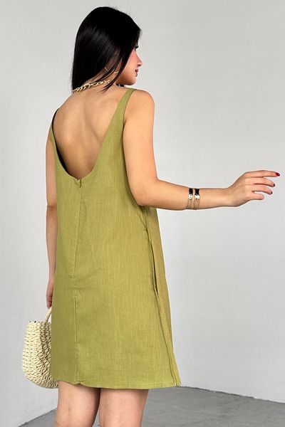 Cappmoda ELB-01779 Μίνι φόρεμα με λινό λαδί πράσινο χωρίς πλάτη