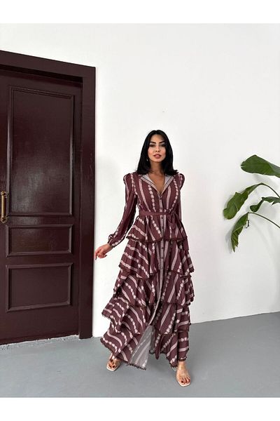WellWay Jennyfer Crepe Fabric & Lace Detailed Lined Coffee Dress with Ruffle Detail (Belt Included)-2513