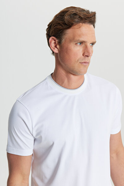 ALTINYILDIZ CLASSICS Ανδρικό μπλουζάκι με λευκό βαμβακερό λεπτή εφαρμογή με λαιμόκοψη