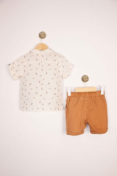 Bombili Short Sleeve Safari Patterned Summer Muslin Shirt Elastic Waist Shorts 2-Piece Boys' Set