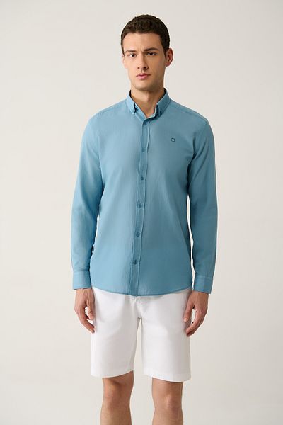 Avva Men's Indigo 100% Cotton Thin Soft Button Collar Shirt E 002206