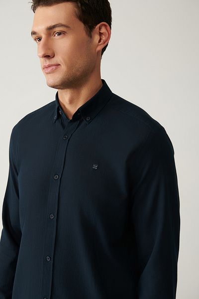 Avva Men's Navy Blue 100% Cotton Thin Soft Button Collar Shirt E 002206