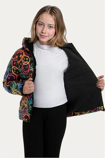 Outriverkids Girl's Emoji Patterned Fleece Furry Pocket Water and Windproof Hooded Winter Puffer Jacket