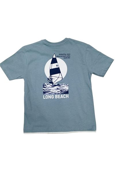 İrem Çocuk Giyim Boy's Light Blue T-Shirt with Long Beach Text and Picture Pattern on the Front and Back