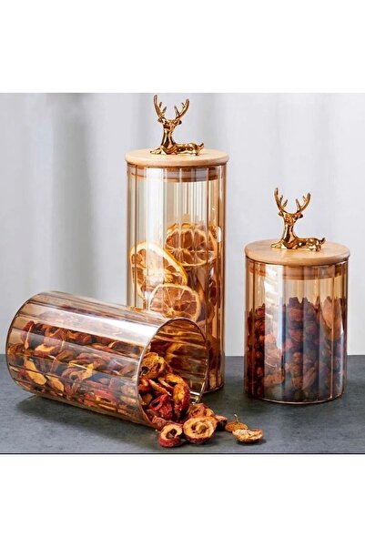 Qerhome 3-Piece Borosilicate Glass Stylish Striped Amber Glass Jar Kitchen Set with Deer Figure 500-750-1000 ml