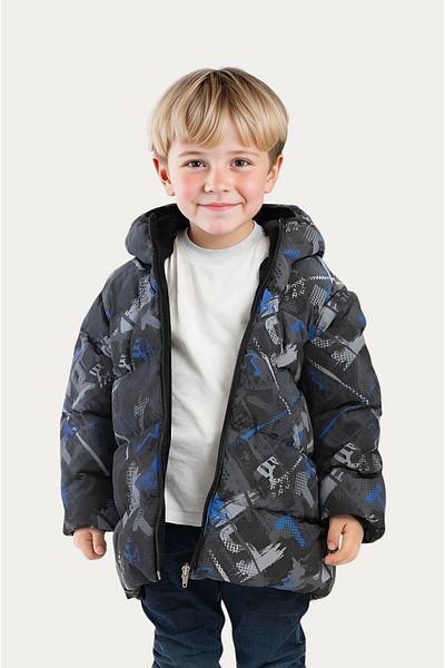 Outriverkids Boys' Winter Jacket - Saxe Anthracite, Digital Pattern, Fleece Water and Windproof, Hooded Inflatable
