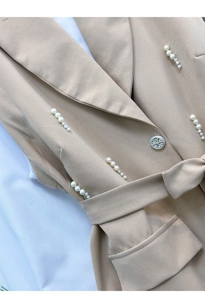 YEDİLALE Pearl Embroidered Vest Pants Double Set [Including Jacket,Pants, Sash in Price]]