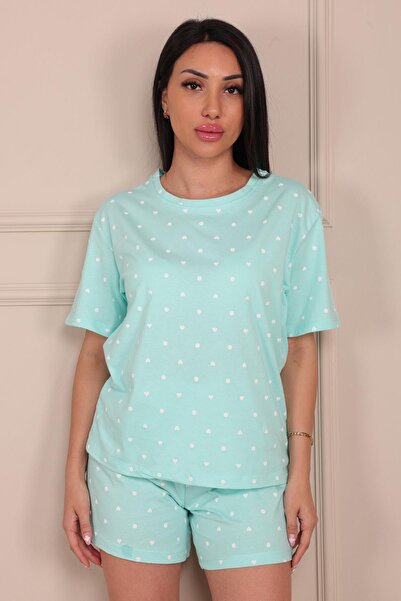 Niket Life Heart Patterned Little Dot Short Sleeve Shorts Pajama Set - TURQUOISE