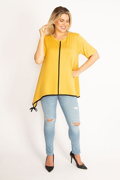 Şans Women's Large Size Mustard Bias Detailed Tunic with Lace-Up Hem 65n34974