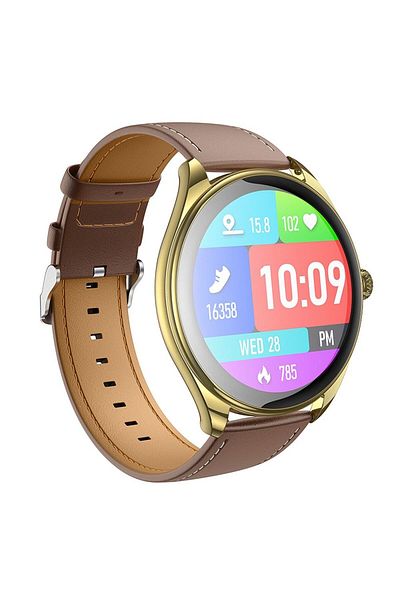 REDz Accessories Hoco Y22 Smartwatch, Brown+Black Leather Strap, iOS/Android, Water Resistant, Magnetic Charger