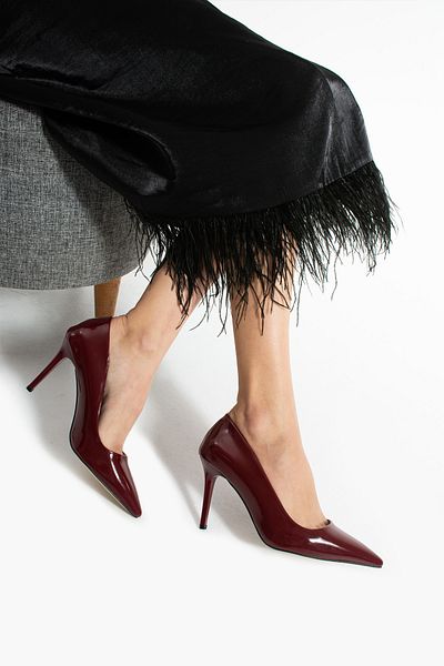 Güllü Shoes Burgundy Vegan Leather Patent Leather Stiletto 9cm Heeled Memory Pad Comfortable Fit Pointed Toe Women's Heels