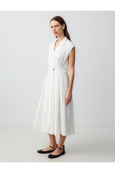 Jimmy Key Ecru Shirt Collar Sleeveless Midi Woven Dress