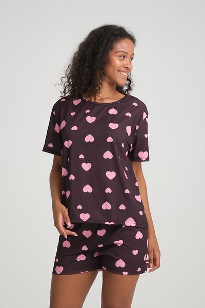 Rasabeauty Set de pijamale iLove pentru femei - mâneci scurte, pantaloni scurți, bumbac, roz, model inimă, SuperSoft
