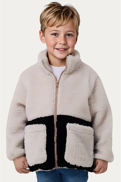 Outriverkids Boy's Plush Ecru Black Pocket Zippered Welsoft Winter Coat
