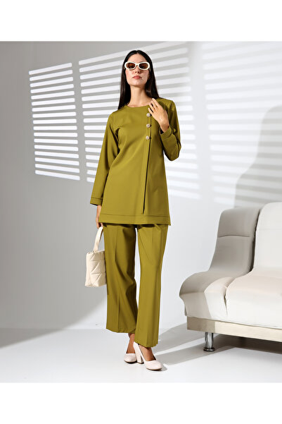 QARA Button Detailed Elastic Waist Trousers Suit