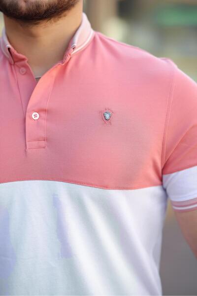 Miron Ροζ και λευκό Kagi Ston Piece Polo γιακά κοντομάνικο T-shirt - 2402