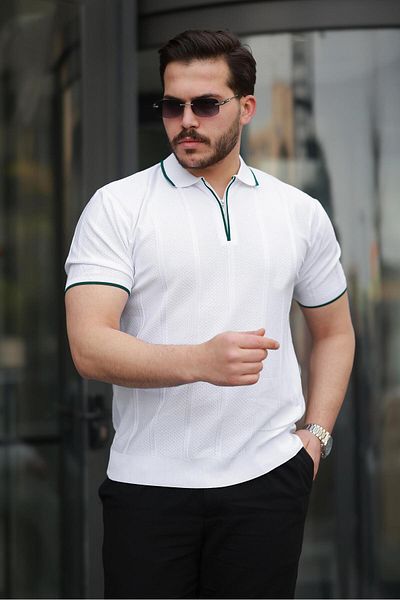 Miron Λευκό πλεκτό μπλουζάκι με κοντό μανίκι με φερμουάρ 2511