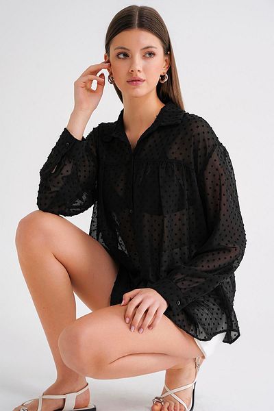 Mixray 4678 Women's Thin Patterned Robe Summer Transparent Shirt Black