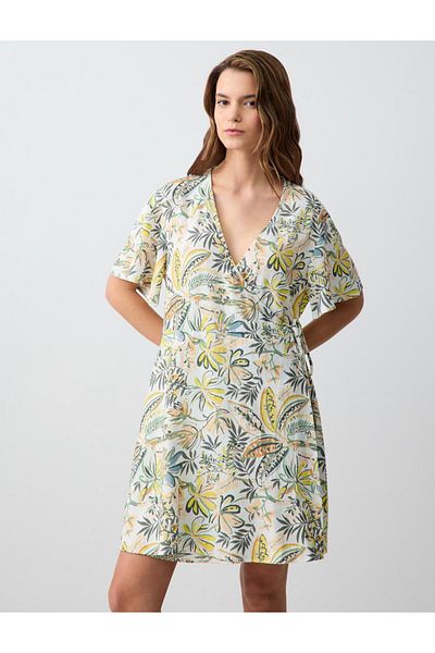 Jimmy Key Stone V-Neck Short Sleeve Print Linen Mini Dress