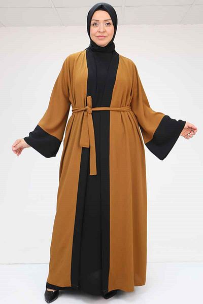 Eslina 57204 Φόρεμα Abaya με μεγάλο μέγεθος Etamine με γαρνιτούρα - Μαύρο-Μαύρο
