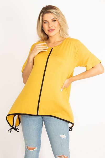 Şans Women's Large Size Mustard Bias Detailed Tunic with Lace-Up Hem 65n34974