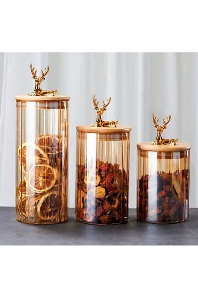 Qerhome 3-Piece Borosilicate Glass Stylish Striped Amber Glass Jar Kitchen Set with Deer Figure 500-750-1000 ml
