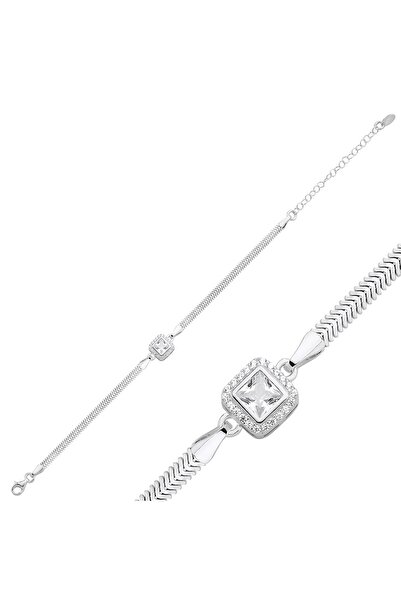 Janset S925 Ayar Halo Zirkon Taşlı Balık Sırtı Zincirli Gümüş Bileklik - İtal...