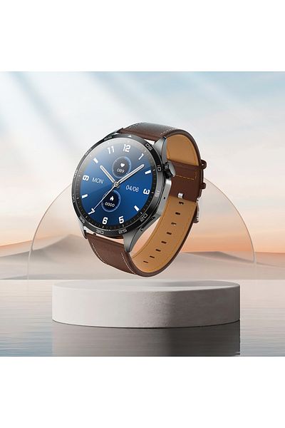 REDz Accessories HOCO Y21 Smart Watch, 250mAh Battery, Bluetooth Calls, 1.43 inch, Leather Look, Brown-Space Gray