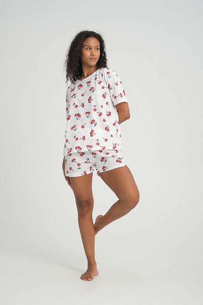 Rasabeauty iLove Pajamas Set for Women - Short Sleeve, Shorts, Knitted Fabric, Cotton Cherry Print, SuperSoft