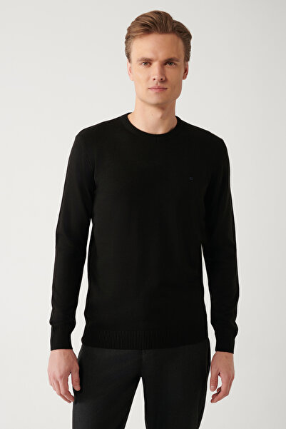 Avva Men's Black Crew Neck Non-Pilling Knitwear Sweater E 005000